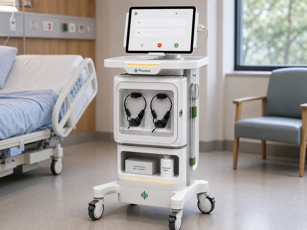 The mobile Phontus Clinical Kit with a session screen and two open-ear bone-conduction headsets.