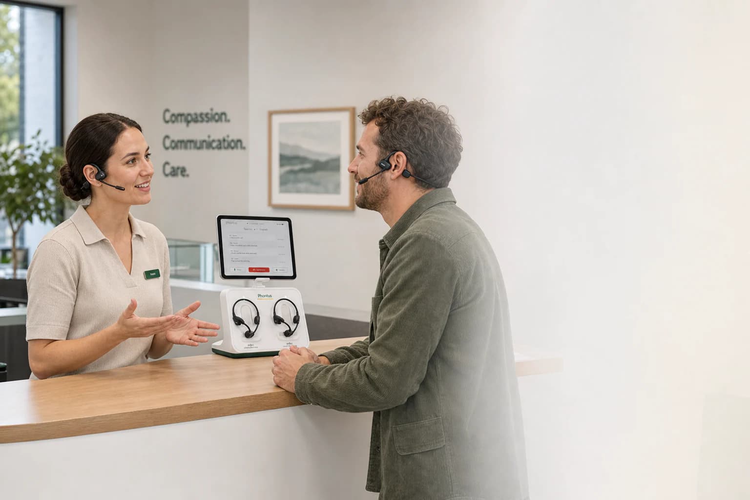 A frontline employee and customer use the compact Phontus Frontline Kit while wearing open-ear bone-conduction headsets.