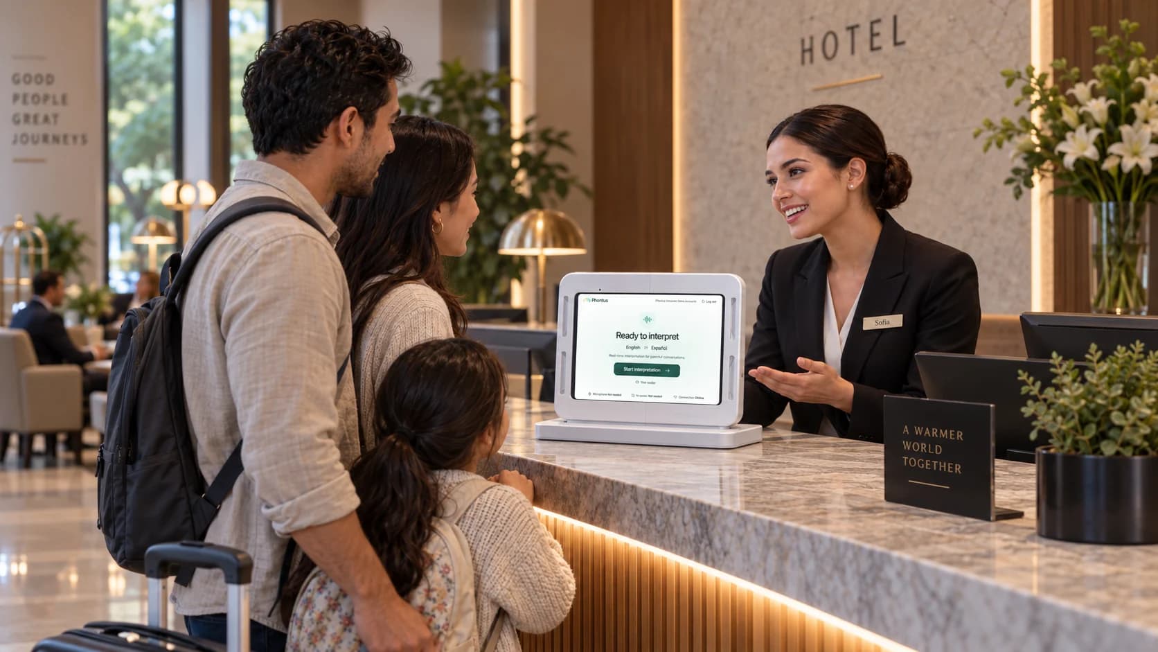 A hotel receptionist welcoming a family with a Phontus Interpreting Kit on the counter.
