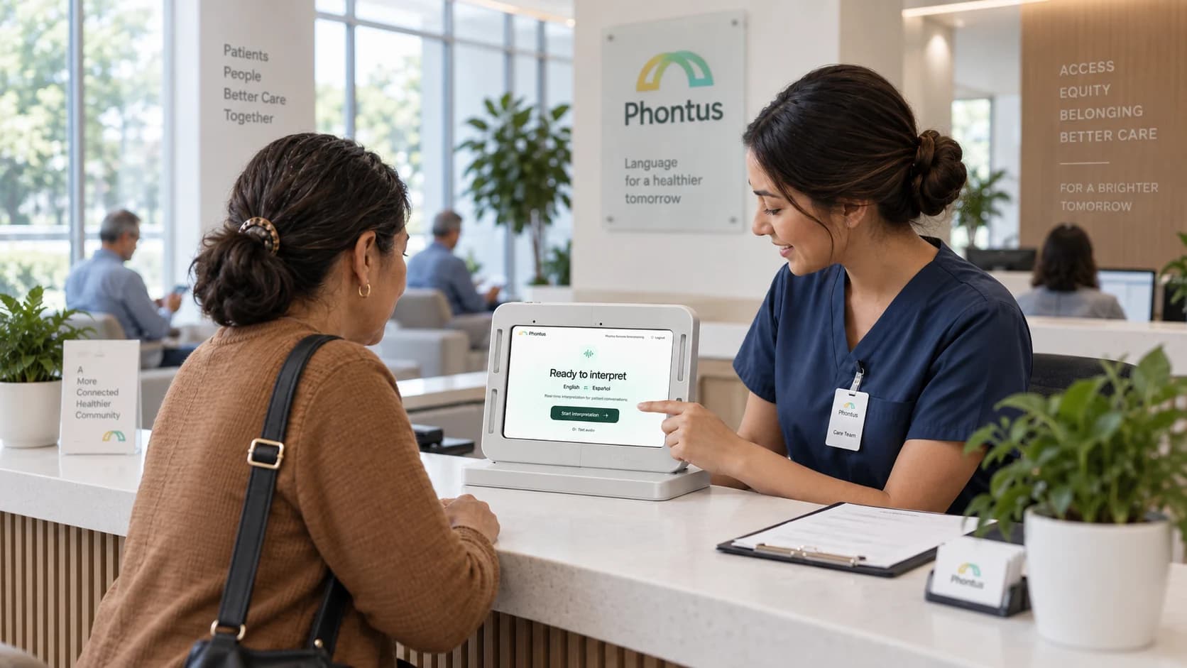 A staff member and visitor using a Phontus Interpreting Kit at a healthcare reception desk.