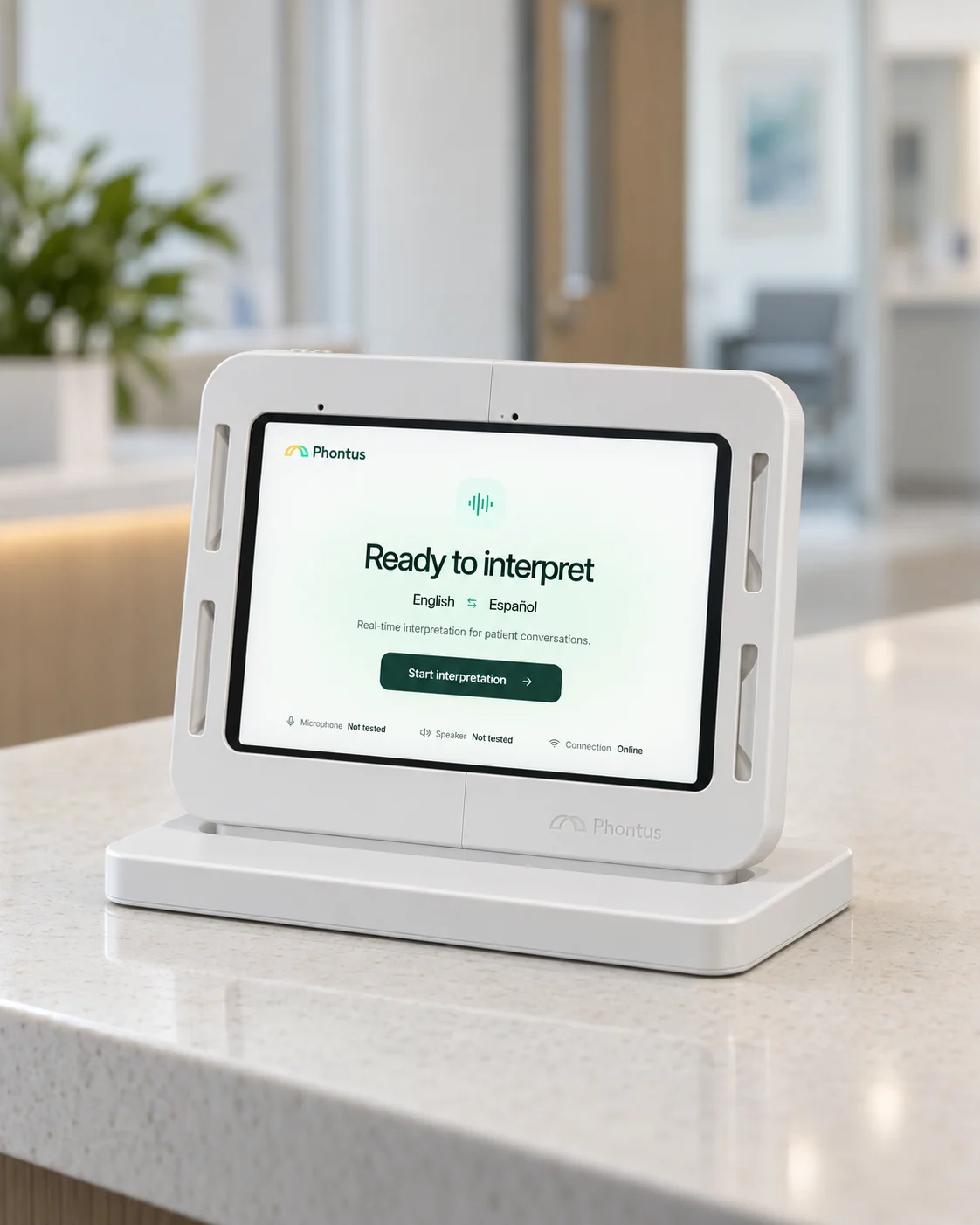 Phontus Interpreting Kit ready for a conversation on a reception counter.